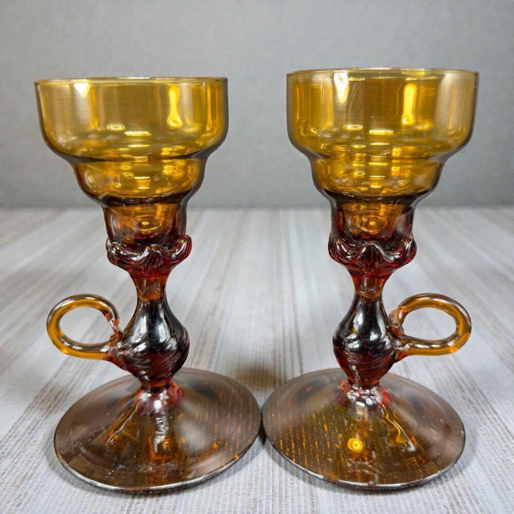 1980s Italian Glass Candle Stick Holder Set 2‎ Amber Twisted Swirl Votive Holder